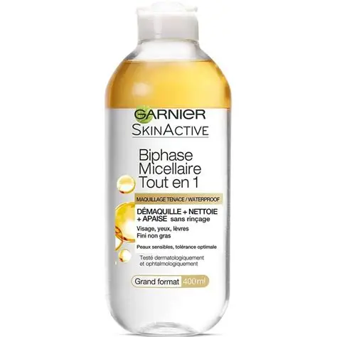 GARNIER BIPHASE  MICELLAIRE  TOUT EN 1 MAQUILLAGE TENACE /WATERPROOF 400ML 